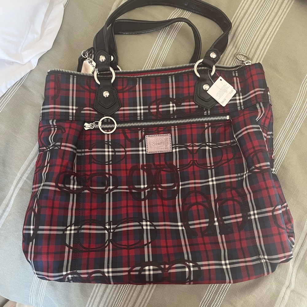 Coach Poppy Tartan Plaid Tote Bag with Leather Handles